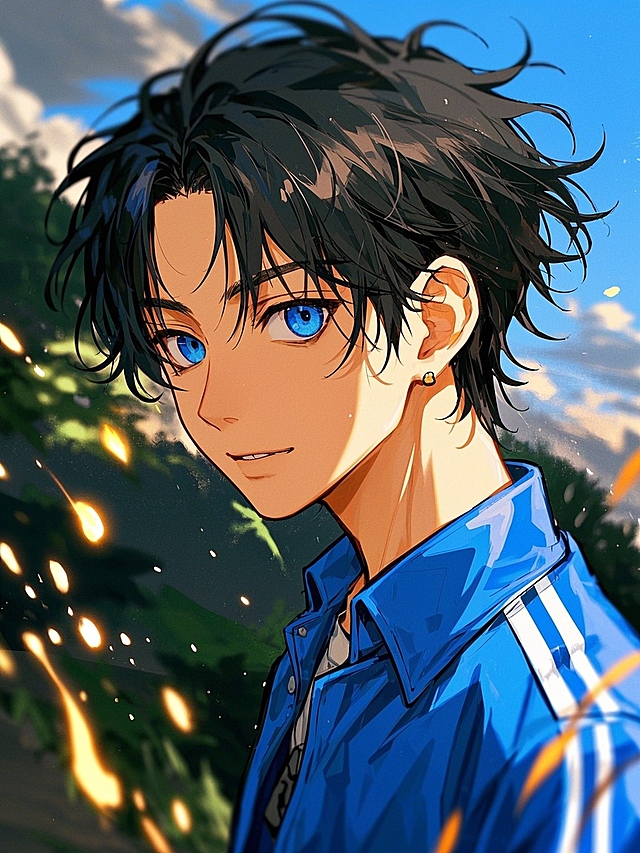 少年风中回眸半身，蓬松刘海，动态模糊，发丝分离，侧身正面照，嘴角微微上扬，超现实主义，印象派，细节丰富，色彩生动完美，暗调，氛围低光，个性视角，非对称，对焦人物主体，既视感，现场感，浓浓的氛围感拉满，虚焦，暗朦，过曝，景深，高噪点，强烈的胶片颗粒质感，层次丰富，暗角，写意，光的美学，超现实，高级感，温柔惊艳，蓝色系