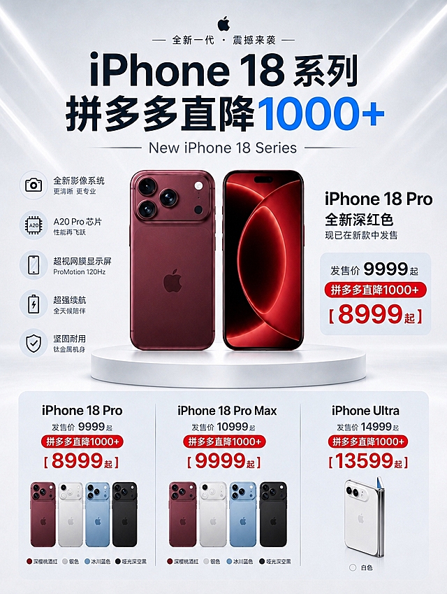 [商品] 使用【图3】系列促销页作为基础；仅修改 iPhone 18 Pro 和 iPhone 18 Pro Max 两款手机的机身颜色（含主视觉大图和底部配色小图），iPhone Ultra 白色折叠屏保持完全不变；主视觉 Pro 手机颜色改为「深樱桃酒红」，底部 Pro 和 Pro Max 配色小图展示「深樱桃酒红」「银色（银金属质感）」「冰川蓝色」「哑光深空黑」四种配色；保留原三摄模组结构、苹果Logo、机身比例、屏幕壁纸、摄像头细节和金属中框；只改颜色不改结构、不改形状、不改位置、不改文字。
[画面] 目标为系列促销总览页，顶部大标题区，中间主视觉展示台上放 iPhone 18 Pro 双机（背面+正面），右侧价格信息区，底部三列分别展示 Pro / Pro Max / Ultra 三款价格和配色小图；产品占比、构图、展台、背景、光影、所有文字和图标位置与原图一致。
[视觉] 套系策略：风格=科技感高级商业摄影；标题字=现代无衬线粗黑体；正文字=简洁无衬线体；主色=浅灰白；背景延展=基于浅灰白做渐变层次、柔和光线和顶部光带；强调色=红色+蓝色；标题色=深炭灰；正文色=中灰；组件=圆角浅底价格卡、红色价格标签、圆形配色小图；光影=正上方柔和漫射光，产品底部带自然投影；所有视觉元素除 Pro/Pro Max 机身颜色外完全与原图一致。
[文字] 完全保留原图所有文字内容和位置：顶部「iPhone 18 系列」「拼多多直降1000+」「New iPhone 18 Series」，左侧5个卖点图标文字，右侧 Pro 价格区文字，底部三款价格文字；配色名称标注更新为：深樱桃酒红、银色、冰川蓝色、哑光深空黑；Ultra 标注「白色」不变；文字不遮挡主体。
[规格] 图片比例3:4竖版，4K分辨率，严格保持原图版式、构图、文字、位置、光影不变，仅改变 Pro 和 Pro Max 手机机身颜色，避免变形、错字、结构改变、Ultra 被修改、颜色不均匀。