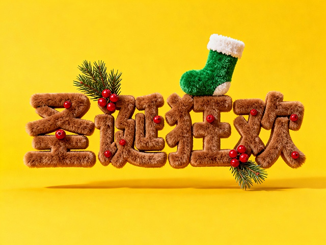 毛绒质感3D字体搭配圣诞元素，重拟物风格呈现喜庆氛围，节日感十足。