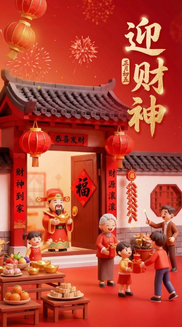 参考这张图片的风格样式及文字布局，文字样式风格以及位置都严格和参考图保持一致，按照中国传统民俗，制作除夕到初七的新春民俗套图，共八张预览效果