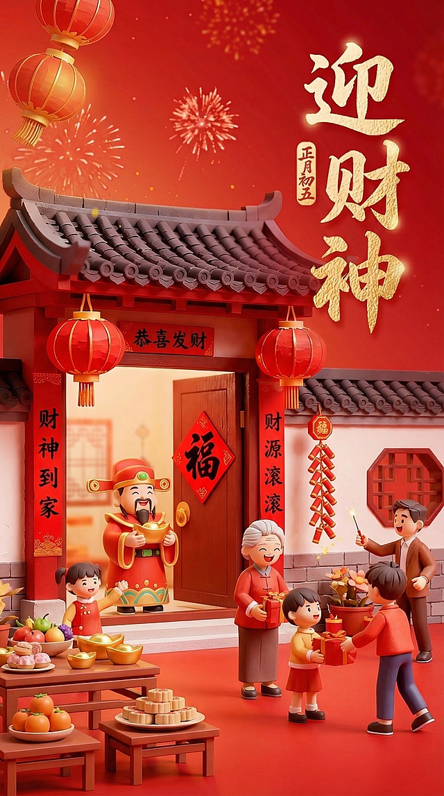 参考这张图片的风格样式及文字布局，文字样式风格以及位置都严格和参考图保持一致，按照中国传统民俗，制作除夕到初七的新春民俗套图，共八张