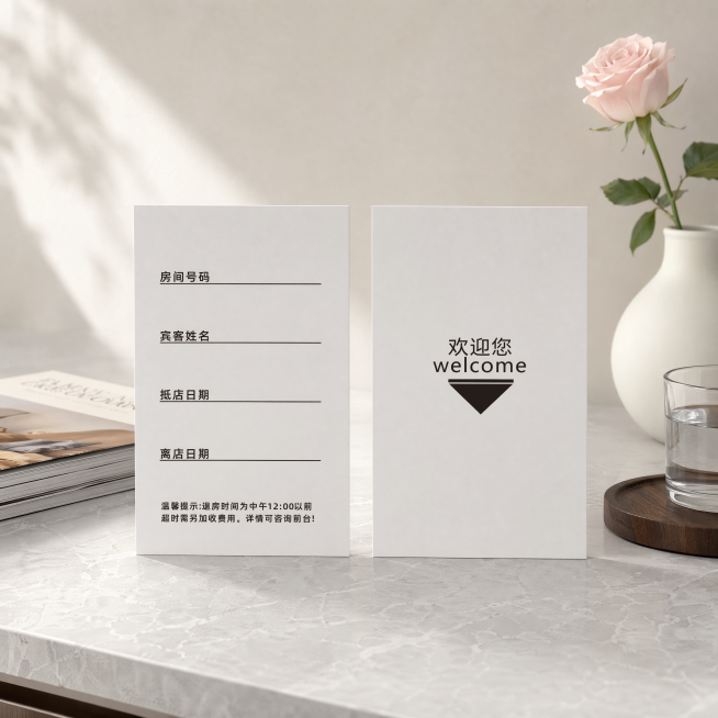 商业级产品摄影
主体：酒店入住登记卡片严格参照上传产品图，将卡片的正反两面并排完整展示在同一张场景图中，完整保留所有可见组件、文字信息，产品占画面60%-70%，完整不裁切，绝对视觉主导，近景拍摄。预览效果