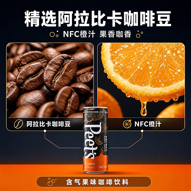 [主图-2] 原料证据图，放大展示精选阿拉比卡咖啡豆与NFC橙汁。 [统一基调] 潮酷气泡冰饮高级商业摄影风，背景主色=深黑蓝（约#141B26）到深褐渐变，底部亮橙台面（约#FF7A1A），细橙色分割线分隔；主标题字色=纯白，辅助字色=浅灰白，强调色=亮橙与金色细线；全套只使用同一款现代无衬线粗体做标题、同字体常规体做辅助文字，不混用其他字体；组件统一为细白/橙色描边圆角卡片、气泡圆点图标、细引线，整套圆角与线宽一致。 [画面] 产品罐缩小置于底部中央约占画面25%作辅助，正面展示黑橙罐身与原有文字；左侧大特写精选阿拉比卡咖啡豆约占画面35%，豆粒饱满带油光；右侧大特写鲜橙切面与橙汁液滴约占画面35%，果汁色泽鲜亮；两枚原料视觉用细引线连接下方文字区，背景深黑蓝渐变。 [光影质感] 商业棚拍明亮光，咖啡豆表面油润质感真实，橙汁水润通透，罐身金属高光干净，阴影浅淡。 [配色] 深黑蓝背景，亮橙台面，白色主标题，浅灰白辅助字，橙色与金色点缀。 [文字版式] 顶部主标题“精选阿拉比卡咖啡豆”白色现代无衬线粗体横排，副标题“NFC橙汁 果香咖香”浅灰白小号；两枚原料卡片下分别标注“阿拉比卡咖啡豆”“NFC橙汁”，底部信息条“含气果味咖啡饮料”；所有文字横排，不遮挡原料与罐身。 [输出要求] 比例1:1，画质4K超清，文字清晰锐利；负向：罐身变形、文字错字、模糊、水印、平台Logo、冷蓝冷灰主色。
