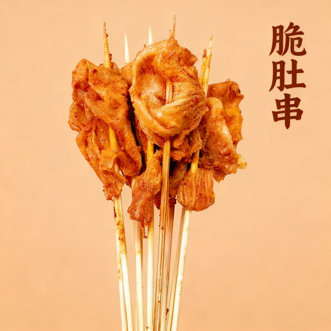 脆肚串美食整体展示，淡棕色高级食欲场景，添加产品名称"脆肚串"，适配淘宝天猫平台，1:1方形构图预览效果