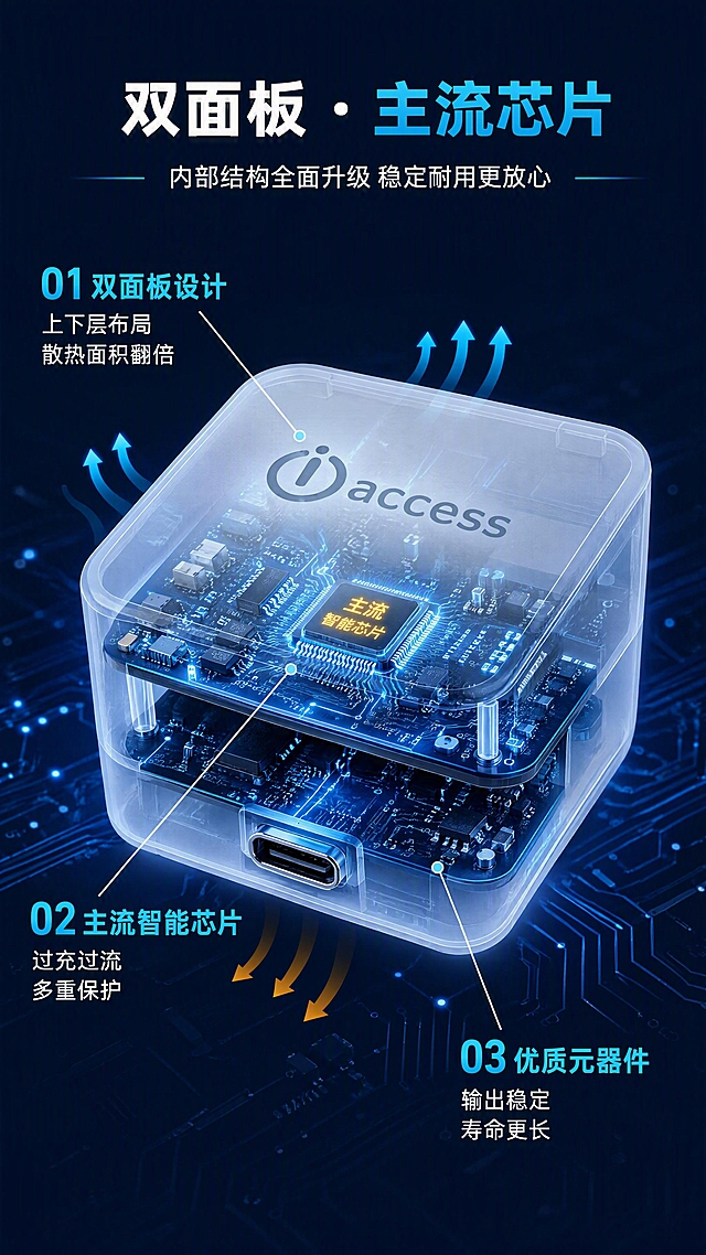 [第4张] 核心技术解析页 — 双面板结构+主流芯片设计内部原理示意。本张使用【图1】作为产品外观主体，保持白色方形外壳结构与颜色一致，内部做半透明剖面展示。
[氛围/风格] 科技硬核风，深色背景+发光结构线，工业技术感，商业渲染质感。
[元素布局] 产品做半透明透视效果置于画面中央，占比约50%，45°斜视角；内部展示双面板上下层结构、主流芯片位置、USB接口电路、散热路径；周围用发光线条和箭头标注电流走向与散热方向；背景为深靛蓝色，点缀电路纹理和光点。
[光影质感] 内部芯片和电路板发出淡蓝色辉光，外部产品外壳有环境光反射，整体明暗对比强烈，突出内部结构科技感。
[配色色系] 全局底色 #0B1D3A（深靛蓝）；主色白色半透明外壳；辅助色 #00D4FF（青蓝辉光）、#3B82F6（蓝色电路）；点缀色金黄色芯片高亮。
[视角构图] 中央透视产品，四周放射式标注，阅读动线从中心产品向四周技术点扩散。
[文字版式] 顶部主标题：「双面板 · 主流芯片」，副标题：「内部结构全面升级 稳定耐用更放心」；三个技术标注用引线连接对应部位：1.「双面板设计 上下层布局 散热面积翻倍」2.「主流智能芯片 过充过流多重保护」3.「优质元器件 输出稳定寿命更长」。文字用白色+亮蓝色，清晰醒目。
[比例分辨率] 9:16 竖版比例，4K分辨率，文字清晰可辨，高清画质。
[负向提示词] 产品变形，内部结构混乱，颜色偏差，水印，文字错乱，文字过小，背景杂乱。