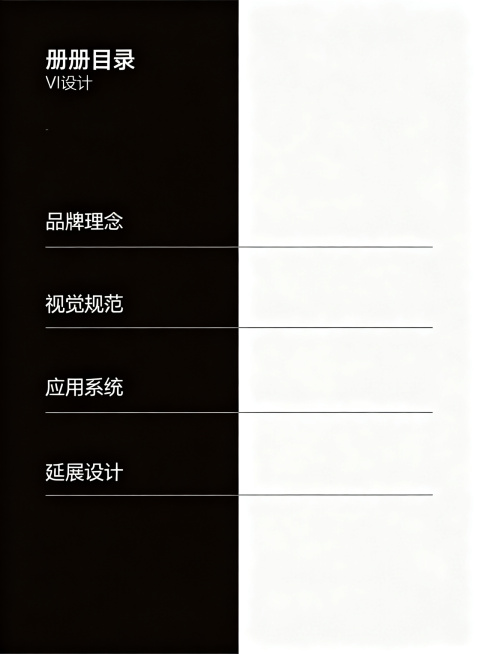 VI设计册子目录页，左侧放置竖排目录文字，右侧大面积留白加细线条装饰，极简对齐设计风格预览效果