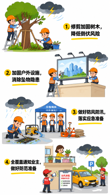 卡通矢量风格，白色背景，分为四个插画模块，内容为：
1. 第一个插画：工作人员修剪加固小区高大乔木，清理枯死枝，固定树木支撑，标题文字"1.修剪加固树木，降低倒伏风险"
2. 第二个插画：工作人员拆除预览效果
