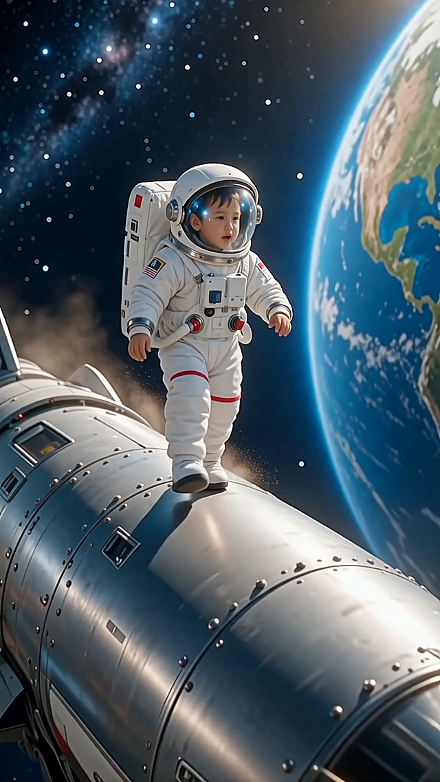 未来感与科技感交织的3D重拟物风画面，萌趣宇航员宝宝在宇宙中探索，梦幻粒子环绕，虚拟现实般的视觉体验。