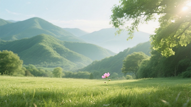 水彩风插画，清新自然，光影交错，展现广阔山野与细腻花朵的和谐美。
