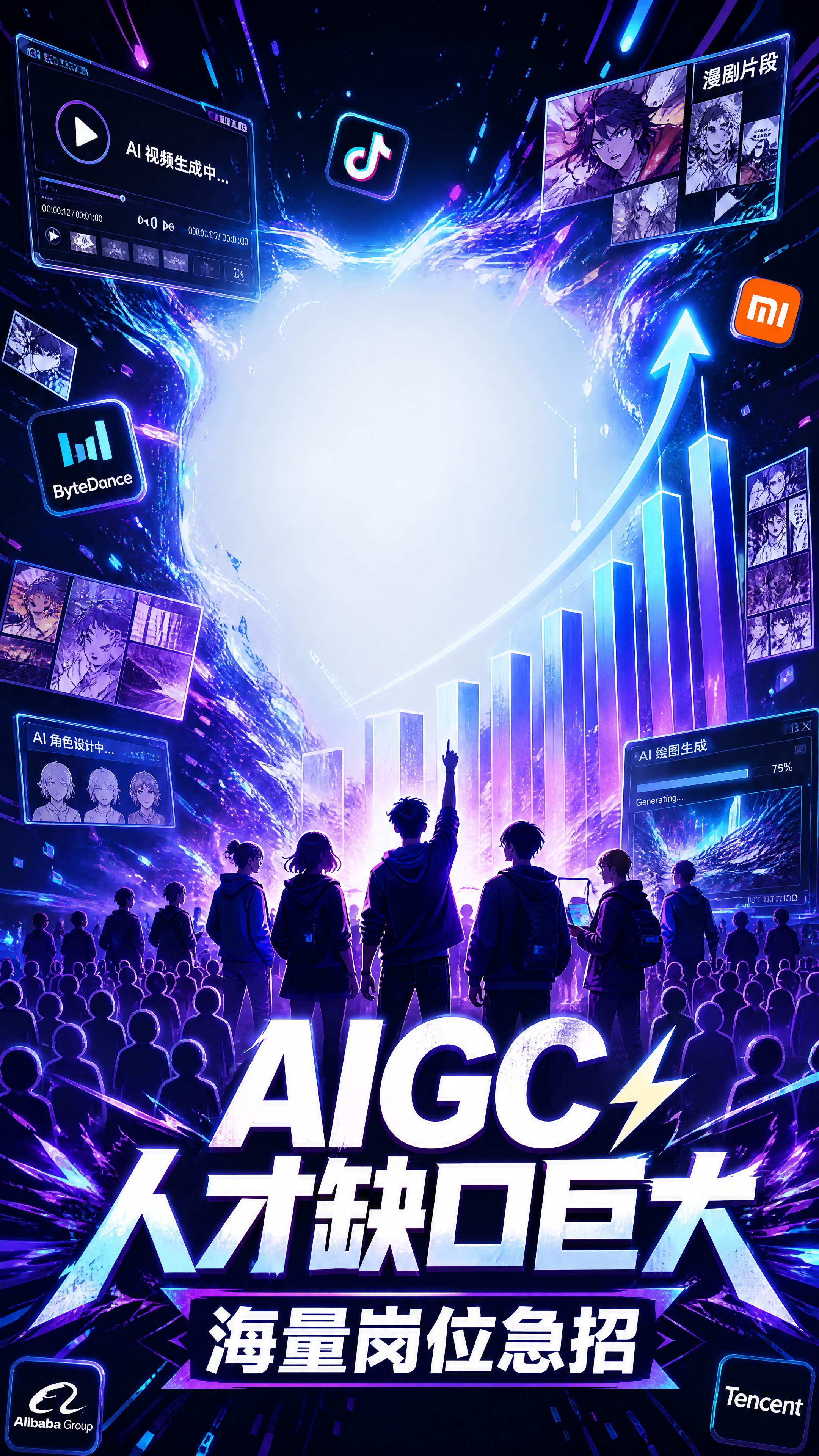 竖版短视频封面海报，AIGC人才招募宣传图，深色科技背景，发光… - 图片创意预览