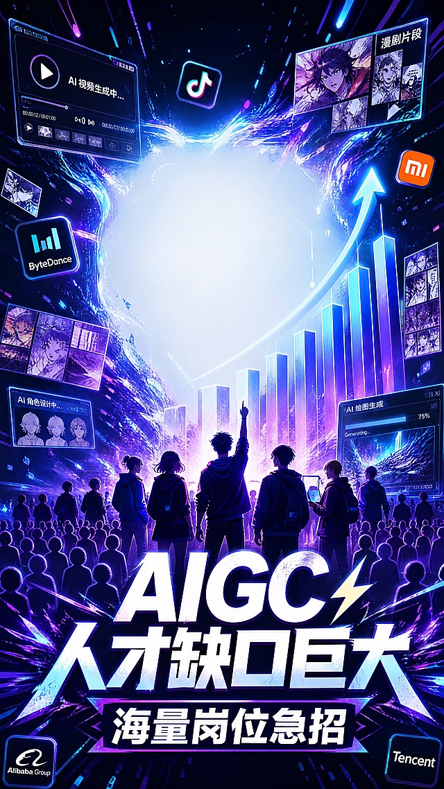 竖版短视频封面海报，AIGC人才招募宣传图，深色科技背景，发光数据流粒子效果，蓝紫色高饱和发光特效。画面中间一群年轻创作者、设计师人物剪影，大量人物图标排列代表人才缺口，向上飙升的数据柱状图从底部向上增长，炸裂感视觉冲击力。画面中央预留大标题文字框区域，留白充足。

画面中必须完整呈现以下文字信息：
主标题："AIGC 人才缺口巨大"
副标题："海量岗位急招"

点缀元素：漫剧片段缩略图漂浮、AI视频生成界面碎片、大厂简约图标剪影，分布在画面四周。风格潮流年轻化，00后职场氛围，高饱和度蓝紫发光特效，霓虹光感。适合朋友圈、短视频引流，构图重点突出，主体居中，预留文字排版空白，商业广告质感，高清，光效光晕粒子，高光描边，炸裂感视觉冲击。