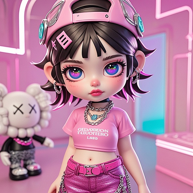 软3D风少女，融合卡通感与未来感，霓虹灯色调搭配金属链条配饰，展现潮流时尚与虚拟现实美学。