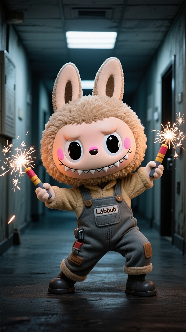 毛绒玩具材质拉布布labubu，泡泡玛特，卡通风格，拟人化角色，兔子耳朵，浅棕色，大眼睛，黑色瞳孔，尖牙齿，粉红色脸颊，穿着修理工的连体衣双手拿着烟花，跳舞，复古质感，在办公室走廊中间，阴森，高曝光，高对比度，