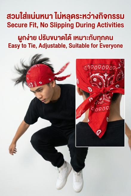 2:3 竖屏，TikTok Shop 泰国站详情页第七屏，严格还原上传的产品图（红色腰果花印花海盗头巾帽，头部包裹区约 28cm×20cm，尾部系带长度约 35cm，尺寸比例保持 1:1，包括包装设计预览效果