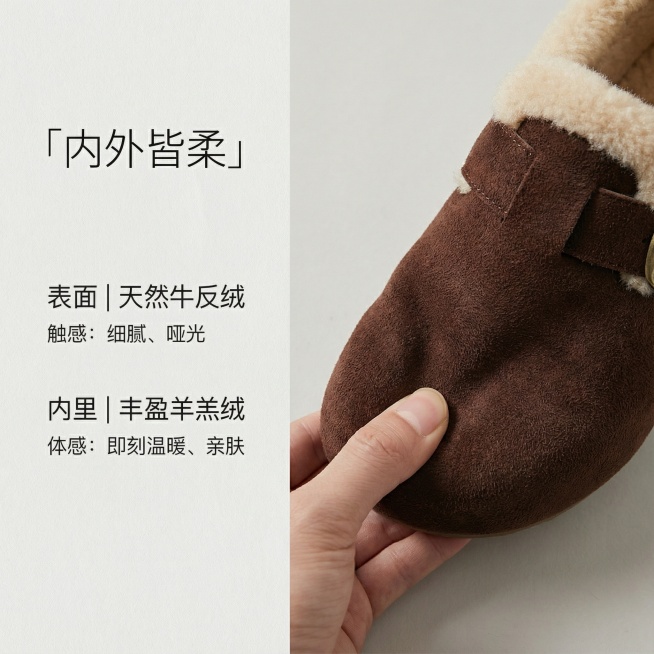 触感与工艺

构图：左文右图分割式排版。

左侧 (占40%)：竖向排列简约文案，使用细宋体或等线体。

第一行：「内外皆柔」

第二行：表面 | 天然牛反绒 (小字标注触感：细腻、哑光)

第三行：预览效果