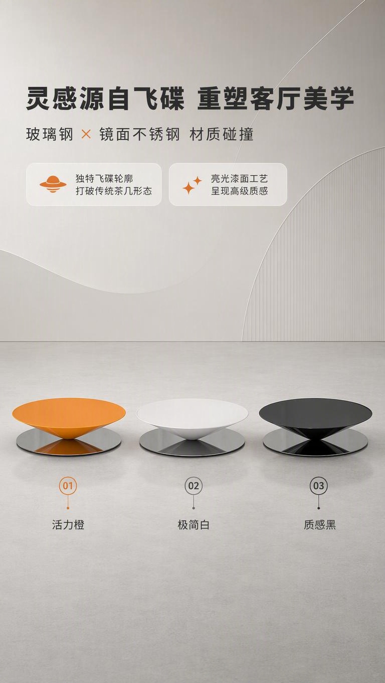 [商品] 使用【图1】三色飞碟茶几（左橙、中白、右黑）；保留每… - 图片创意预览