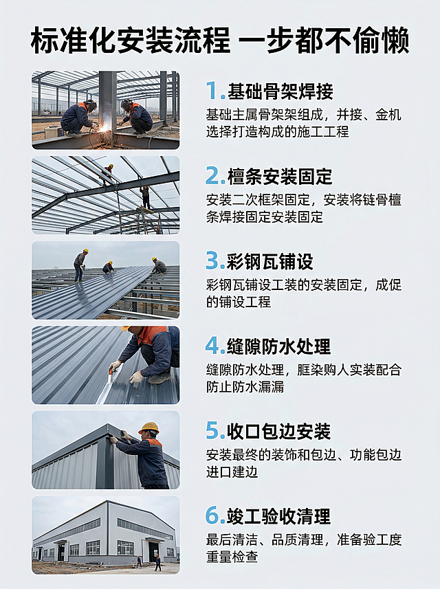 淘宝详情页安装步骤分解，纵向六步排版，从上到下：1. 基础骨架焊接 2. 檀条安装固定 3. 彩钢瓦铺设 4. 缝隙防水处理 5. 收口包边安装 6. 竣工验收清理，每个步骤配对应施工现场小图+文字说明，标题“标准化安装流程 一步都不偷懒”放在顶部，浅蓝色步骤序号，清晰直观，让买家清楚安装全过程，浅灰背景，干净专业，3:4比例，高清2k分辨率