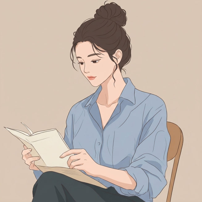 将这幅画的绘画风格改为和参考图一致的韩系扁平插画风格，将手指修改为正常比例和自然动作，把背景改为纯色，保持人物主体、服装、书本和椅子等其他内容不变预览效果