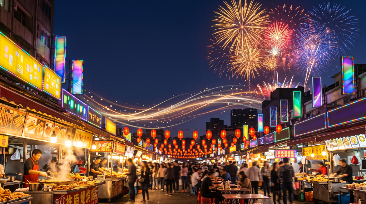 夜市海报背景图，不带任何文字，包含夜市摊位、暖黄灯光、发光霓虹招牌、红色灯笼串，营造沉浸式热闹夜市氛围，天空绽放绚丽烟花，画面预留大面积空白方便添加主题，留白区域添加流动的光线粒子，16:9比例，氛围预览效果
