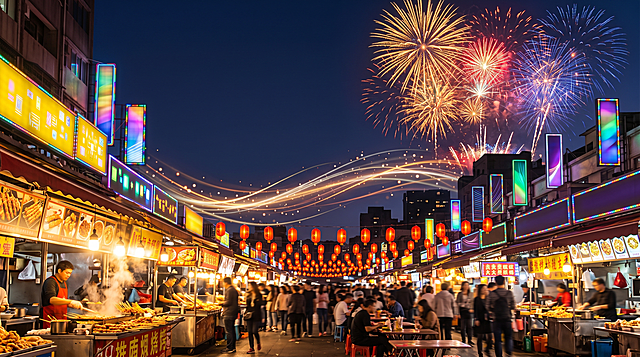 夜市海报背景图，不带任何文字，包含夜市摊位、暖黄灯光、发光霓虹招牌、红色灯笼串，营造沉浸式热闹夜市氛围，天空绽放绚丽烟花，画面预留大面积空白方便添加主题，留白区域添加流动的光线粒子，16:9比例，氛围感拉满