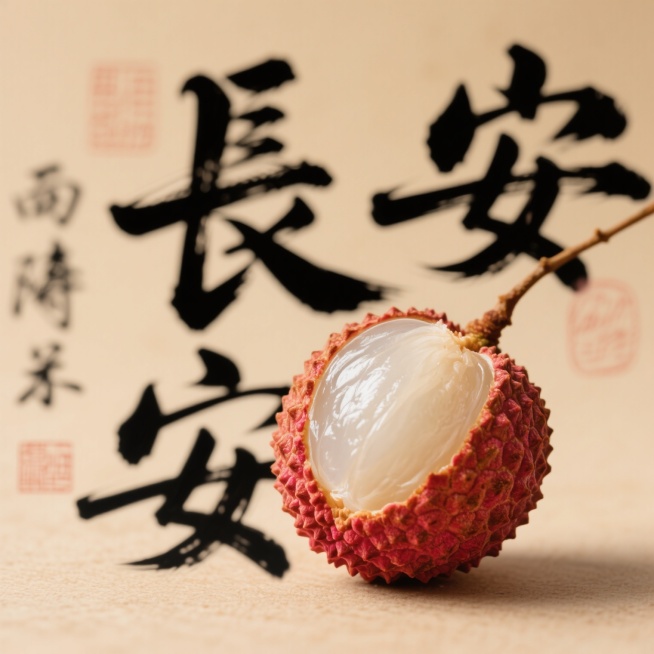 一个半剥开的荔枝   背景毛笔字写的长安预览效果