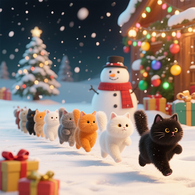 不同颜色的小猫们排成一列长长的队伍，在雪地里奔跑，雪地背后是圣诞场景，欢乐温馨