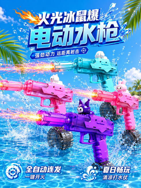 [主图-1] 火光冰鼠爆电动水枪夏日场景首图
[氛围风格] 炫酷夏季打水仗清凉治愈风
[画质] 商业摄影质感、光线明亮通透、产品清晰真实、画面干净高级
[元素] 保持火光冰鼠爆电动水枪外观与参考图完全预览效果
