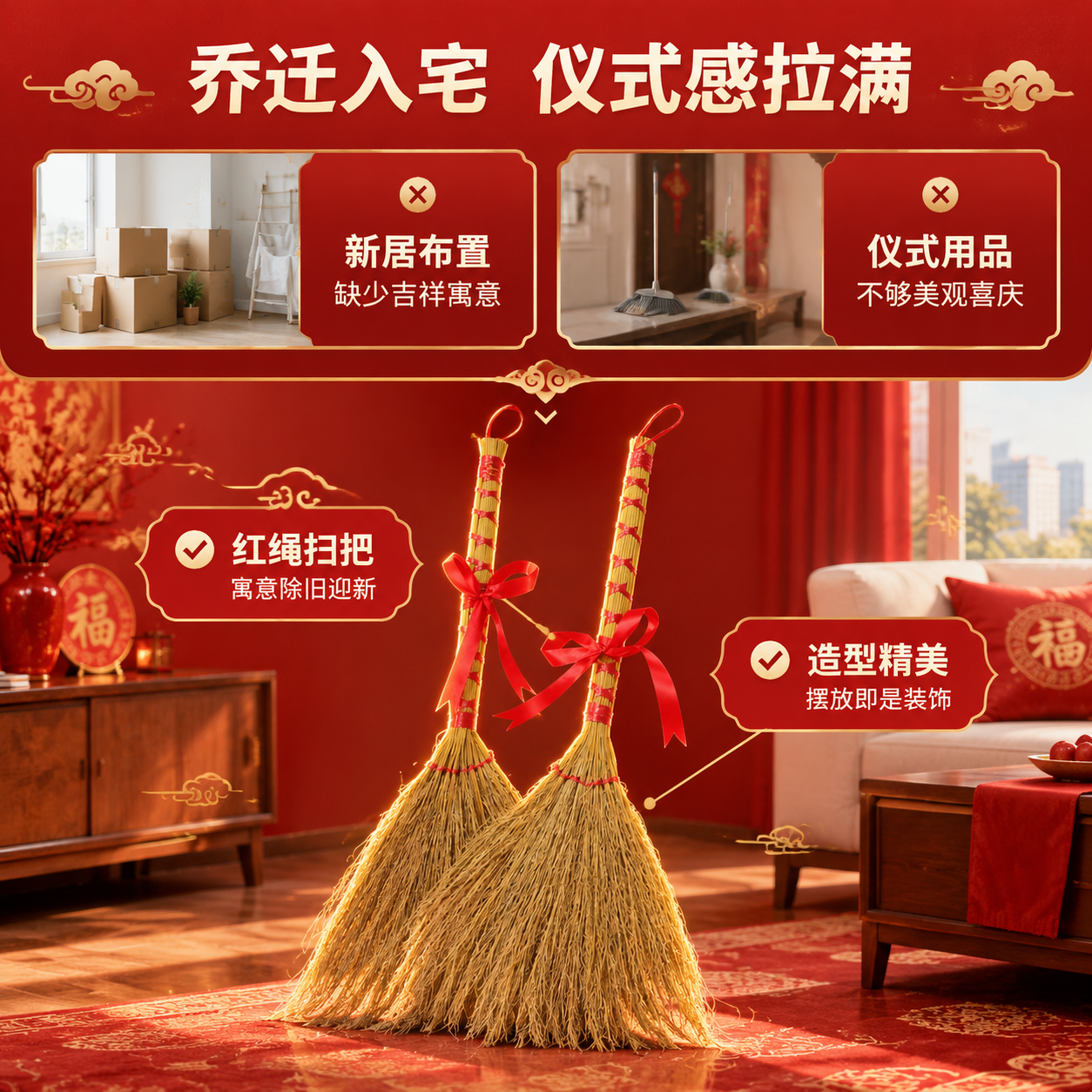 [商品] 使用【图2】扫把捆红绳乔迁之喜双支展示；保留双支扫把… - 图片创意预览