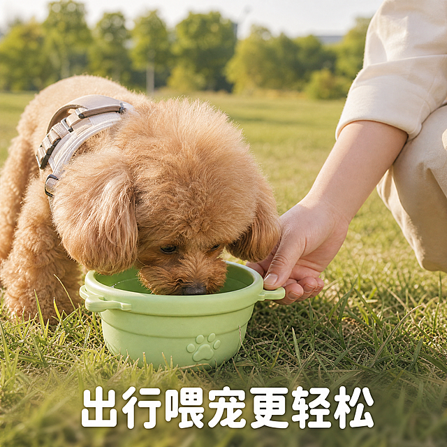 「图片1」，生成主图（5张），适配淘宝/天猫平台，比例为1:1，宠物折叠碗 户外折叠收纳便携 可挂包包或者狗狗身上解放双手 不占空间， 食品级硅胶材质 无异味 易清洗 双碗独立设计 干湿分离 出门带单独1个也可以 电商主图背景做成户外草地上的