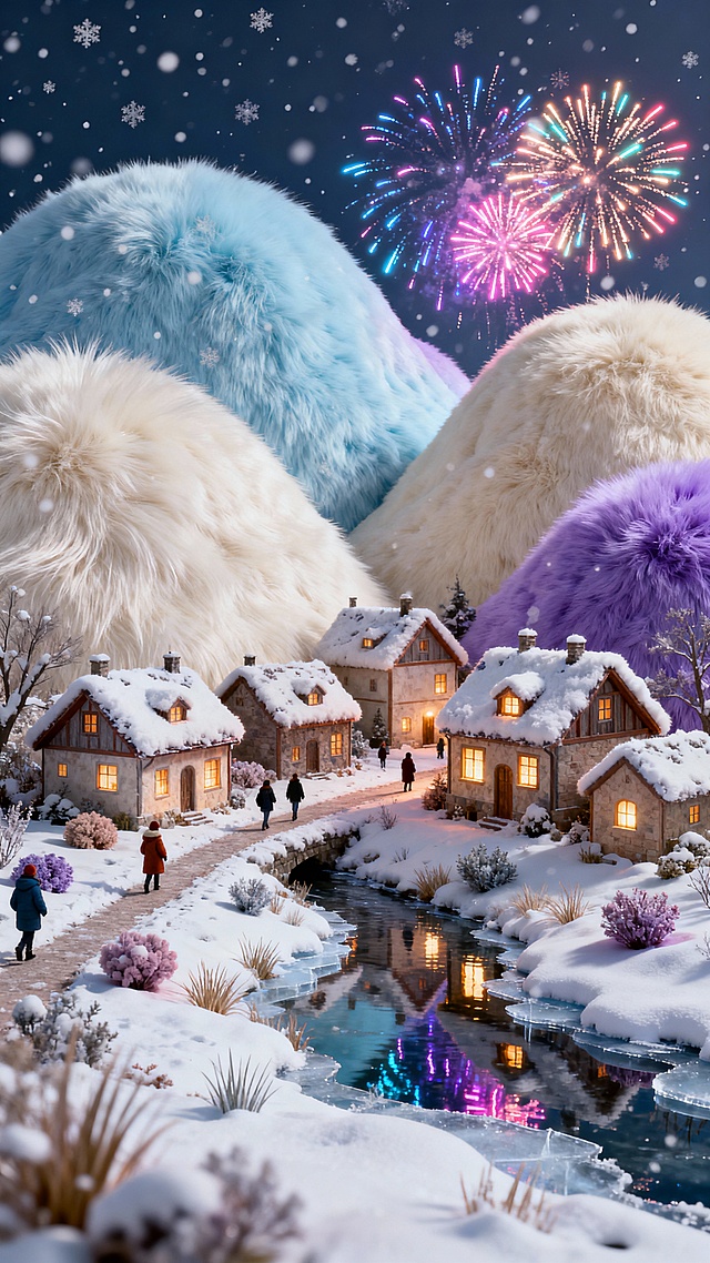 雪后晴空下的村庄亮着灯，屋顶身覆薄雪。小河面结着薄冰，倒映屋影暖光，村庄小路行人裹厚衣赏景，雪花零星飘落，烟花霓虹与雪地相映，村庄冬日氛围感拉满。
