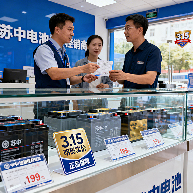 苏中电池授权经销商店内，柜台陈列整齐，每一款电池旁都清晰标注着“3.15明码实价 正品保障”的标牌。销售人员正为顾客耐心讲解产品参数，递上质保卡和发票。透过柜台玻璃拍摄，前景是清晰的价格标签和产品，后景是销售人员与顾客的诚信互动。搭配信任蓝、品质金、纯净白色调，通透明亮布光，适当加入3.15标识，画面通透规范，传递消费透明的理念。
