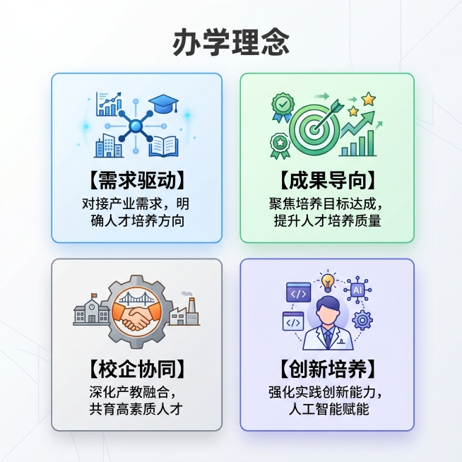 办学理念方块排版，分为两行两列共四个方块：第一行第一个方块内容为【需求驱动】对接产业需求，明确人才培养方向；第一行第二个方块内容为【成果导向】聚焦培养目标达成，提升人才培养质量；第二行第一个方块内容为预览效果
