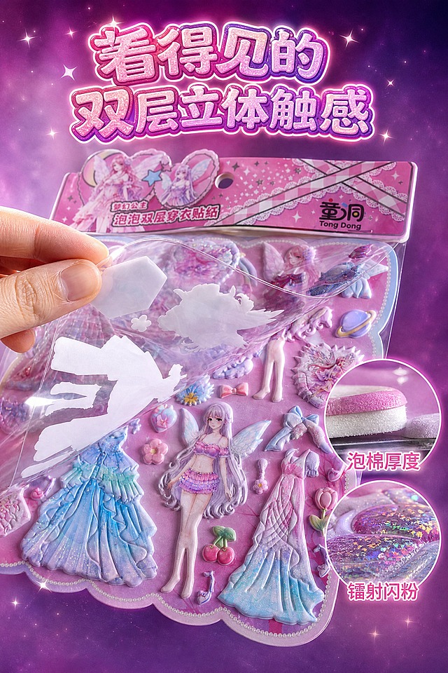 电商详情图 2:3 竖版构图，高清锐利画质，严格还原上传的产品图，包装设计、颜色、LOGO位置、文字内容、图案元素等所有细节100%还原。产品为童洞Tong Dong品牌梦幻公主泡泡双层穿衣贴纸，尺寸20×26cm。贴纸内页四周为波浪花瓣形模切花边，花边外缘有一圈白色珍珠串珠描边，精准还原波浪弧度与每一颗珍珠圆点，边缘锐利清晰。画面为竖版工艺特写页：顶部居中主标题，气泡可爱文字配镭射霓虹质感，粉紫渐变加白色柔光描边加细碎闪粉，分两行写"看得见的"和"双层立体触感"；画面中央大幅特写一只手掀起上层透明膜片，膜片下露出下层3D泡棉裙装贴纸的切面厚度，清晰可见EVA泡棉柔软肌理和镭射闪粉层；旁边两个圆形放大特写框分别标注"泡棉厚度"和"镭射闪粉"；不放置参考小图；背景为深紫到粉紫的朦胧渐变，突出材质质感；侧逆光打亮膜片边缘；整体高清锐利、工艺细节清晰、有高级感。