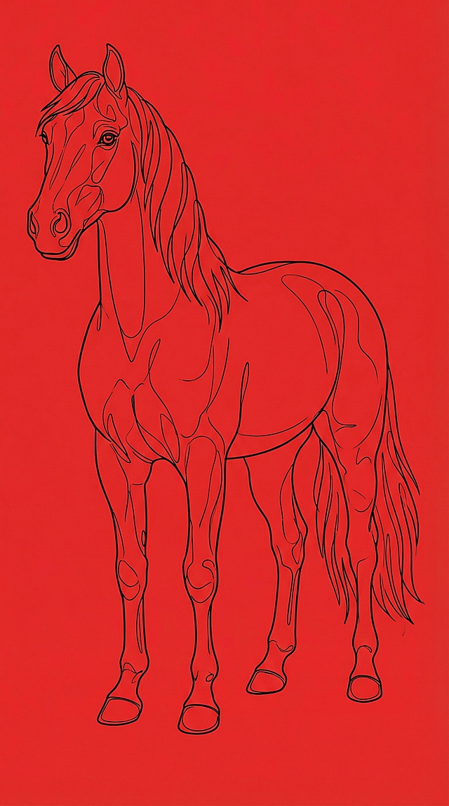 红底黑线勾勒的马，白描风插画，简约线条展现优雅与现代感，单色设计凸显唯美感，寓意新年骏马奔腾。