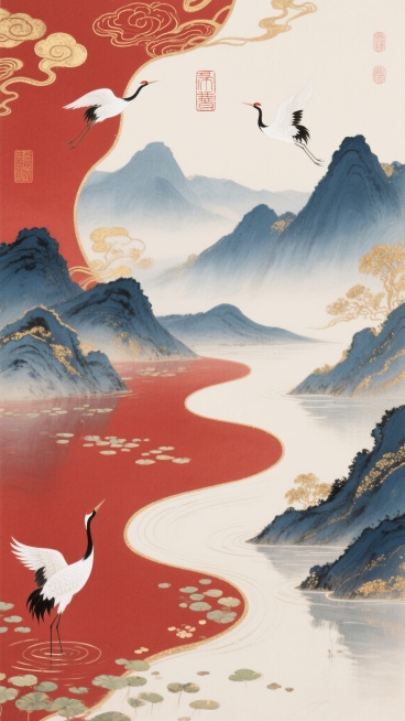 中国风背景，融合工笔与写意技法，淡彩水墨风格，以朱砂红与靛蓝为主色调，辅以鎏金点缀，远山如黛层叠起伏，近水含烟波光粼粼，空中仙鹤翩跹，水面浮萍点点，背景融入篆刻印章与祥云纹样，整体构图采用S形视觉引导线，营造古典雅致又不失灵动的意境预览效果