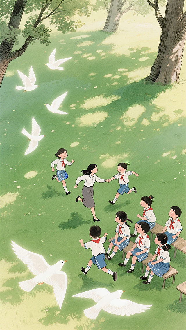 绿色调，学生们（穿着中国校服，姿态不一）和一位女老师在玩追逐游戏，一起坐在微风吹拂的草坪上互动的场景，几只动态的发光白鸟飞过装点画面，整个画面充满动态感和灵动感，温馨，梦幻，大量光斑，极强的光影交织，树影婆娑，鸟瞰视角POV，非常规的创意构图