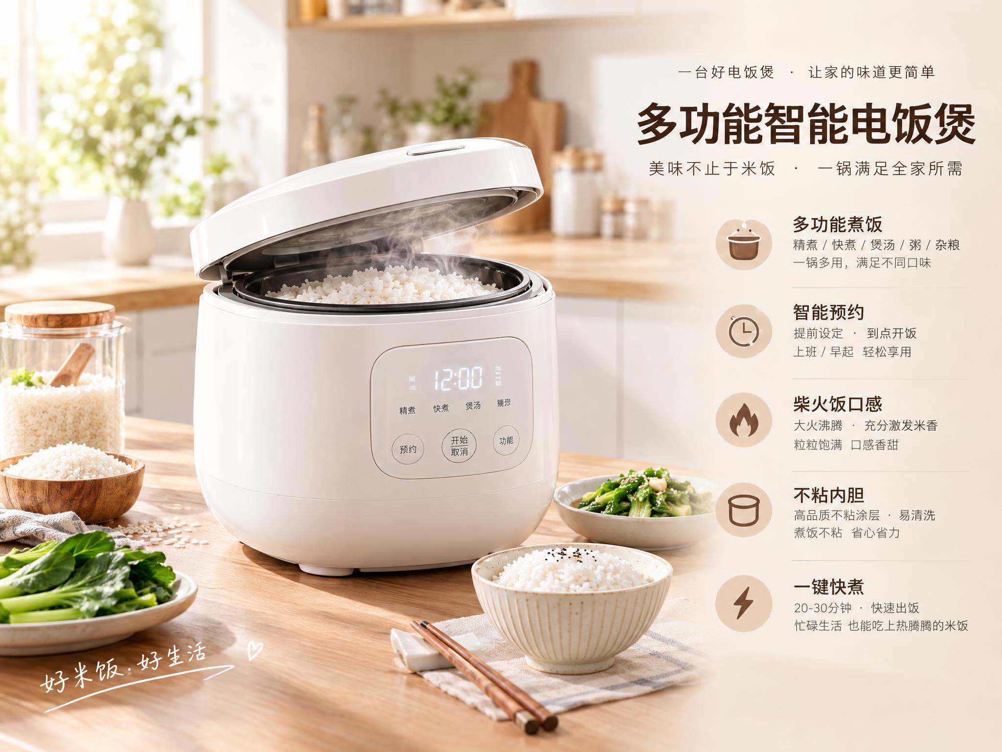 商业宣传海报，家用现代简约厨房场景，明亮干净的北欧风厨房，暖调… - 图片创意预览