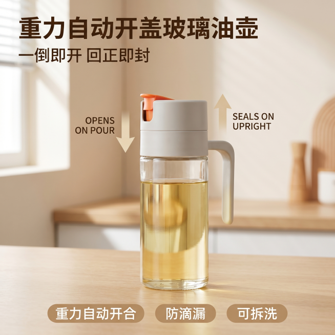 [主图 1] 重力自动开盖玻璃油壶首图展示；氛围风格：干净整洁的厨房用品风格，简约明亮；画质：商业摄影质感，光线柔和通透，产品清晰真实，画面干净高级；元素：重力自动开盖玻璃油壶500ml居中大特写，油预览效果