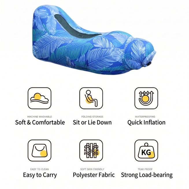 保留原图布局和产品图案，将所有中文翻译成英文，翻译结果为：Soft & Comfortable, Sit or Lie Down, Quick Inflation, Easy to Carry, Po预览效果