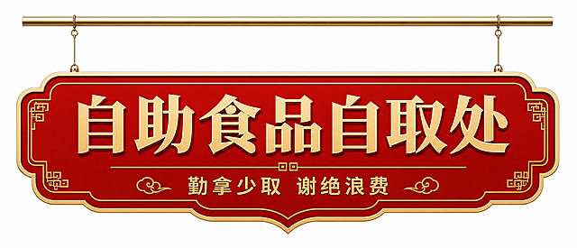 在原图基础上调整为简约风格，更改画面比例为9:4横版，生成超清印刷级矢量效果，保留内容"自助食品自取处"和副标题"勤拿少取 谢绝浪费"，保持异形悬挂吊牌设计，红色底金色字