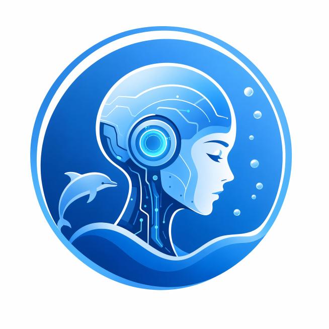 简化LOGO设计，减少堆砌元素，让整体排版更简洁清晰，保留海产品识别、海洋、机械、智能、人类核心元素，保持蓝色调科技风，各个元素融合更和谐有序，不混乱预览效果