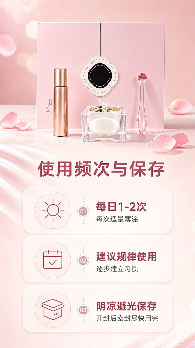 [商品] 使用【图2】套盒全景与【图3】水晶罐作为素材，保留套盒组成、产品结构与包装本体文字，不沿用输入图中的宣传文字与版式。
[画面] 目标：使用频次与保存页；9:16竖构图，上三分之一为套盒平铺陈列（美肤液、焕肤霜、按摩棒、礼盒）于浅粉台面；下三分之二为三张竖向叠放的奶白圆角信息卡，每卡左侧一个圆形图标，右侧标题与说明文字分行；背景浅粉到奶白渐变加柔光光斑与花瓣；信息层级清晰，字号保证手机端可读。
[视觉] 套系策略：风格=淘宝天猫粉调柔光说明型商业摄影；标题字=现代无衬线粗体；正文字=简洁无衬线体；主色=柔雾浅粉；背景延展=浅粉到奶白渐变、花瓣与柔光光斑、轻微丝绸质感；强调色=玫瑰金，仅用于小面积图标、引线和标签；标题色=深玫红；正文色=暖灰粉；组件=奶白半透明圆角卡片、圆形序号、细线图标；光影=左前侧柔光箱光。
[文字] 主标题"使用频次与保存"最大号加粗；三张卡片文案："每日1-2次 每次适量薄涂""建议规律使用 逐步建立习惯""阴凉避光保存 开封后密封尽快用完"；所有文字仅横向排版，不遮挡产品。
[规格] 9:16竖版，4K；严禁出现黑色素、粉嫩、少女、脱屑、代谢、部位名称、见效天数、保质期具体年限等字样；避免产品变形、卡片文字重叠、错字乱码、水印、平台Logo、竖排文字。