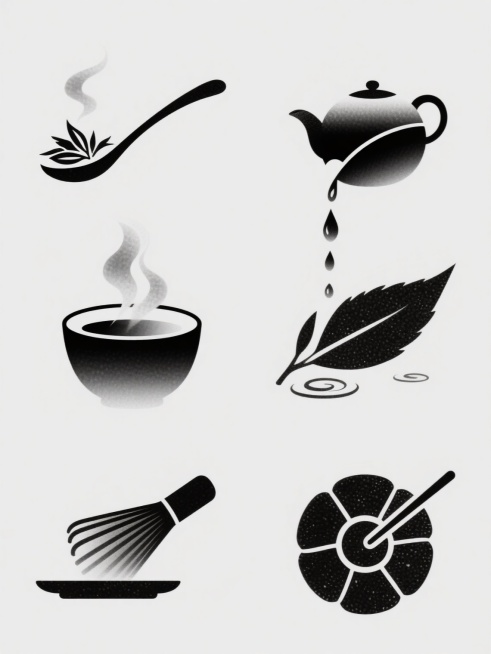 一系列六个完全不同的茶元素图标，保持与原图一致的极简黑白剪影风格，采用颗粒质感的渐变烟雾效果。每个图标均以纯色背景呈现，元素包括：1. 飘逸茶勺与茶叶组合，2. 茶杯与升腾热气，3. 茶壶倾倒茶汤，4. 茶叶在水中舒展形态，5. 茶道中茶筅搅拌抹茶，6. 茶饼与茶针。所有图标呈规整网格排布，维持统一的视觉语言与设计感，确保整体系列的风格统一性和信息传达效率。预览效果