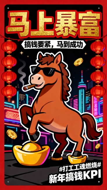 打工人版・“马上暴富”
平面海报，卡通潮流风格，画面主体是一只戴墨镜、叼金币雪茄的潮酷小马，踩着金元宝，背景是霓虹闪烁的城市夜景 + 红色灯笼串，配文大字 “马上暴富”，小字 “搞钱要紧，马到成功”预览效果