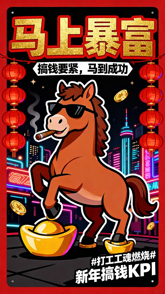 国潮风插画，拟人化酷炫骏马戴墨镜叼雪茄，踩金元宝，霓虹灯夜景配红灯笼，鎏金文字“马上暴富”，喜庆潮流感十足，新年搞钱主题。
