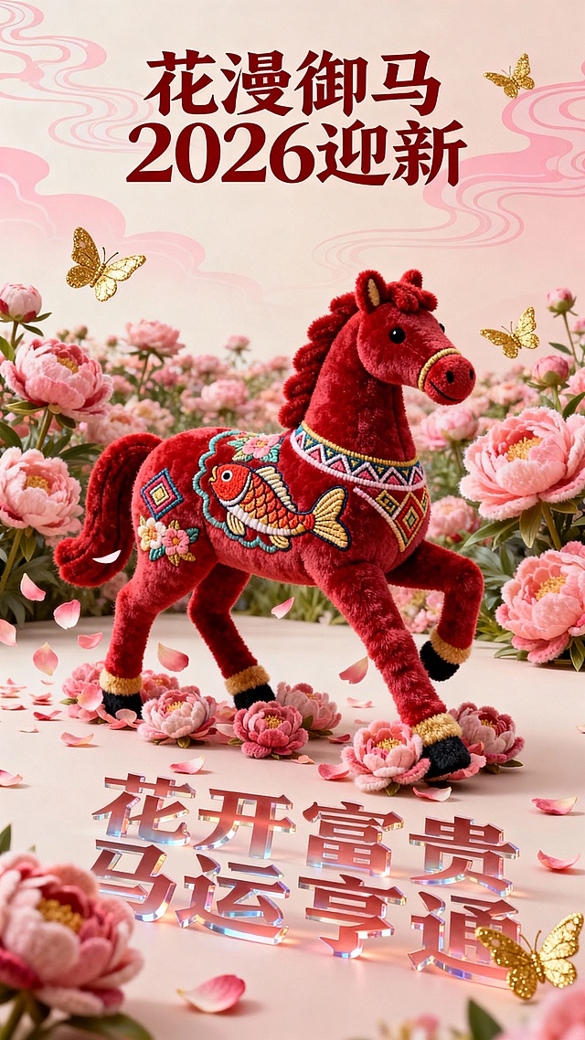 画面视觉中心是剪纸造型的毛绒马（通体绯红绒面，表面装饰彩线刺绣锦鲤纹与几何纹样，蹄边环绕飘落的牡丹花瓣，呈踏花前行姿态）。背景为浅米粉渐变底 + 淡粉祥云暗纹，铺满盛放的毛绒粉色牡丹，花间点缀金色毛绒蝴蝶。主标题是毛绒艺术字 “花漫御马 2026 迎新”，背景地面上有 3D 透视毛绒隶书大字 “花开富贵 马运亨通”。整体以绯红、粉、金为主色调，营造唯美喜庆的新春花田氛围。