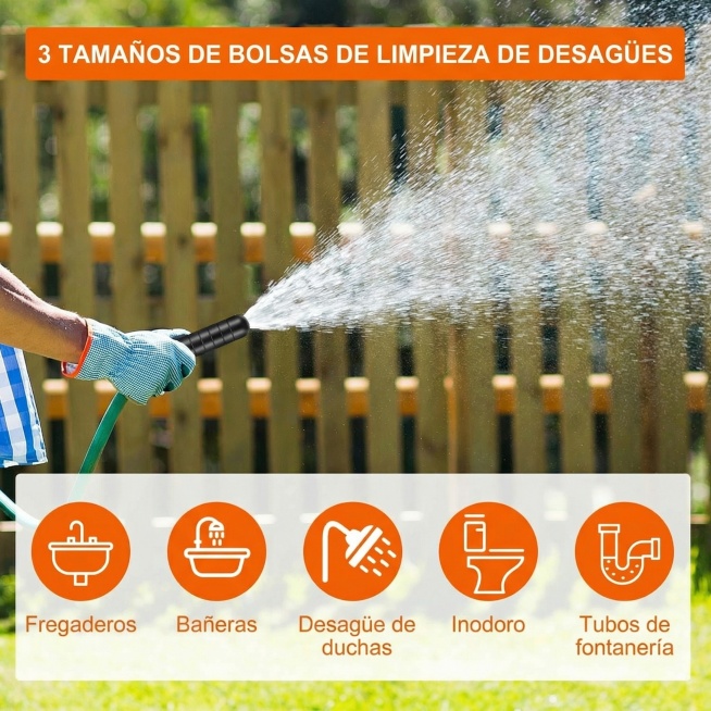 将图片中的英文替换为西班牙语："3 TAMAÑOS DE BOLSAS DE LIMPIEZA DE DESAGÜES
Fregaderos
Bañeras
Desagüe de duchas
Ino预览效果