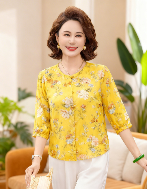 [主图 2] 黄色款中老年妈妈装七分袖上衣展示
[氛围风格] 温馨舒适家居治愈风，自然柔和，清新明亮
[画面元素] 商业摄影质感、光线柔和通透、产品清晰真实、画面干净高级。同款中老年亚洲女性模特，保持预览效果