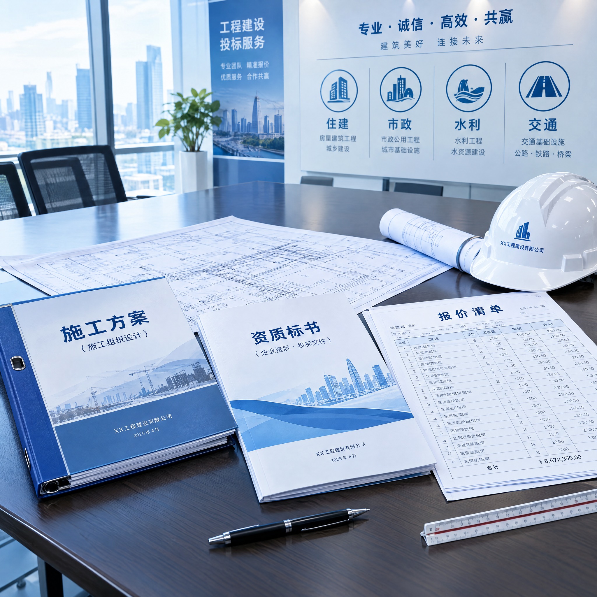 工程建设投标场景图，现代办公室内，桌面上整齐摆放着施工方案文件… - 图片创意预览