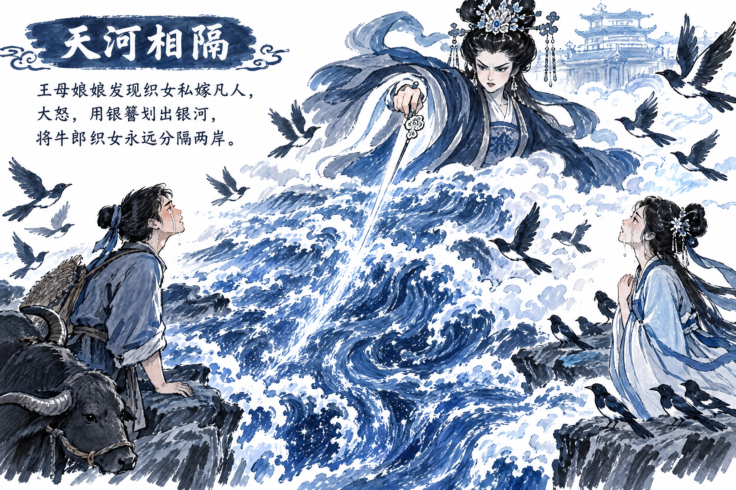 马克笔手绘风格，白底手绘风，牛郎织女故事第五页——天河相隔。画… - 图片创意预览
